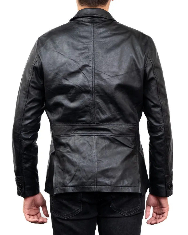 2-Button Men Lambskin Leather Blazer-Black