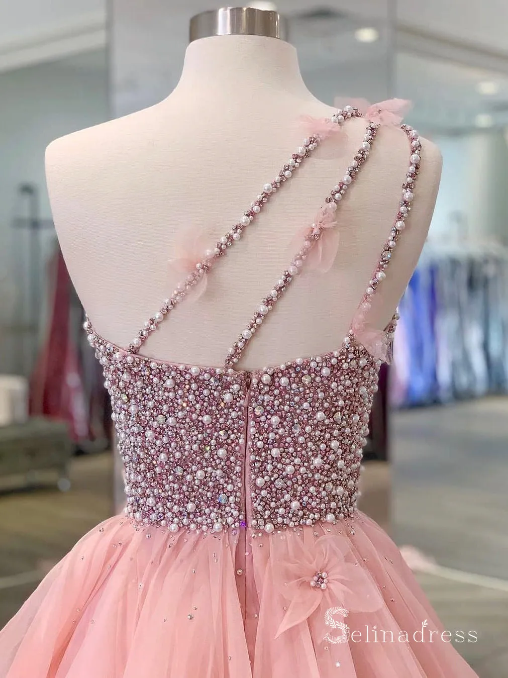 A-line One Shoulder Peach Beaded Flouncing Long Prom Dresses Formal Gowns SDL011
