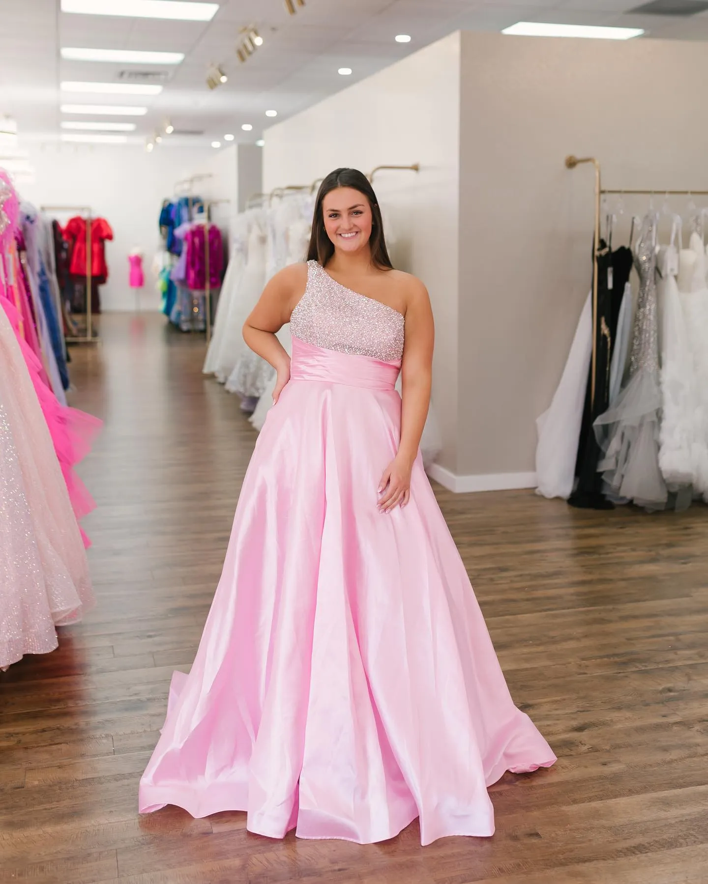 A-Line One Shoulder Pink Long Prom Dress Beaded Formal Gowns #kop136