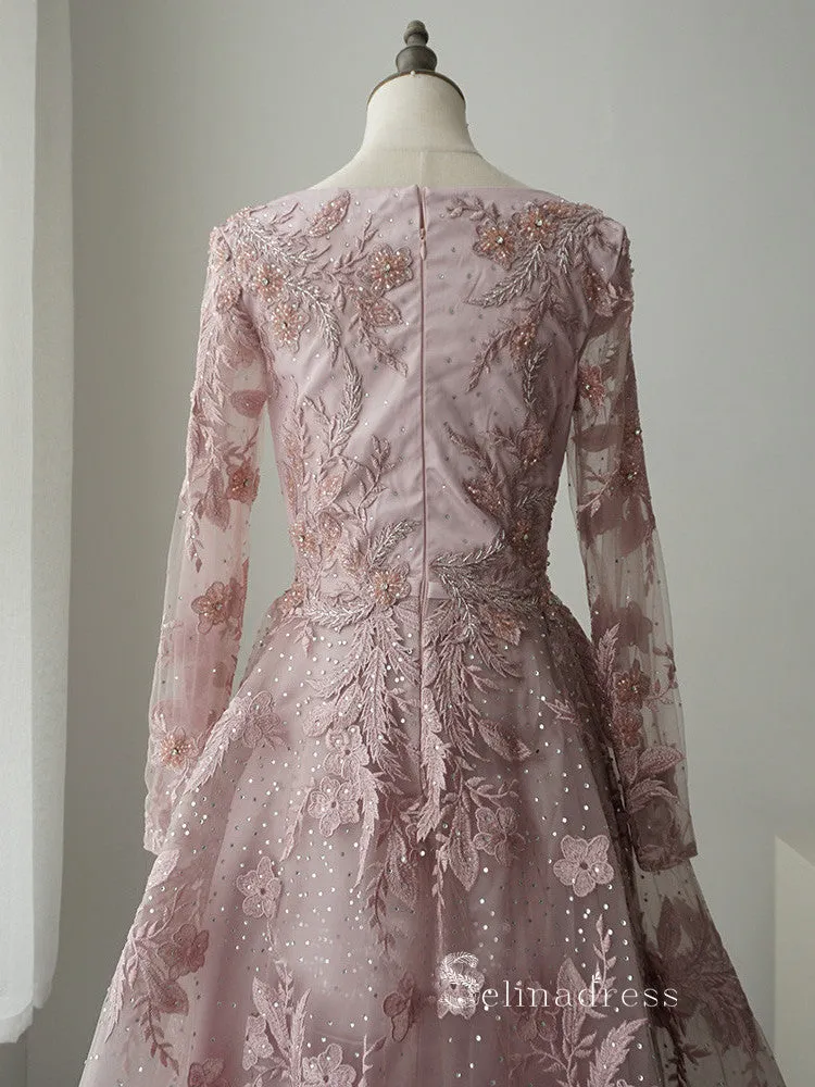 A-line Pink Embroidery Lace Long Sleeve Luxury Prom Dresses Evening Dresses ASB013