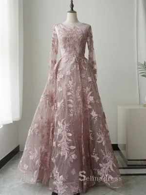 A-line Pink Embroidery Lace Long Sleeve Luxury Prom Dresses Evening Dresses ASB013