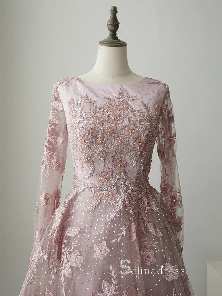 A-line Pink Embroidery Lace Long Sleeve Luxury Prom Dresses Evening Dresses ASB013