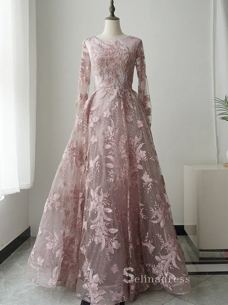 A-line Pink Embroidery Lace Long Sleeve Luxury Prom Dresses Evening Dresses ASB013