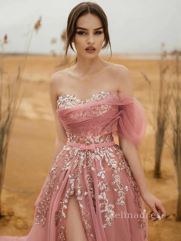 A-line Pink Long Prom Dress With Thigh Split Tulle Evening Dresses HLK007
