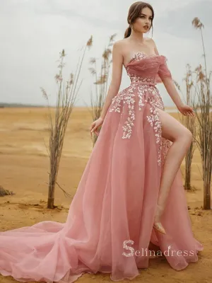 A-line Pink Long Prom Dress With Thigh Split Tulle Evening Dresses HLK007