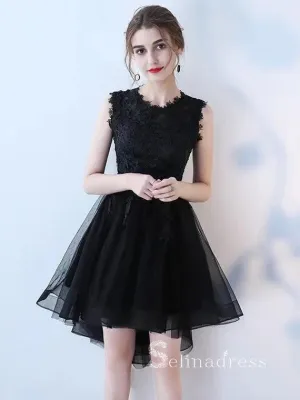 A-line Scoop High Low Lace Short Prom Dress Black Homecoming Dresses #MHL130