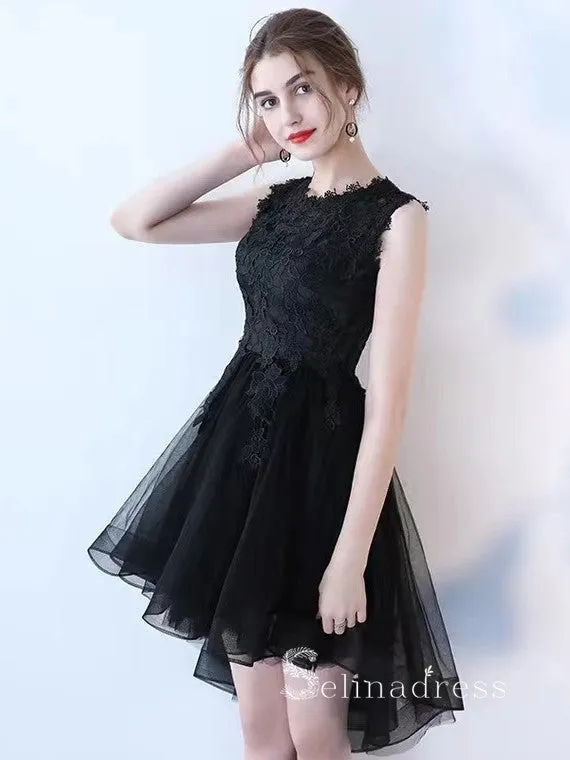 A-line Scoop High Low Lace Short Prom Dress Black Homecoming Dresses #MHL130