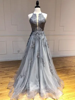 A-line Spaghetti Straps Lace Silver Long Prom Dresses Party Dresses SED439