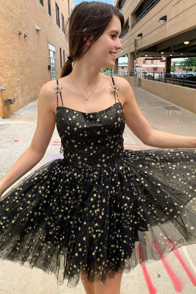A-line Spaghetti Straps Sparkly Cute Homecoming Dress Black Short Prom Dresses EDS019