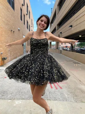 A-line Spaghetti Straps Sparkly Cute Homecoming Dress Black Short Prom Dresses EDS019