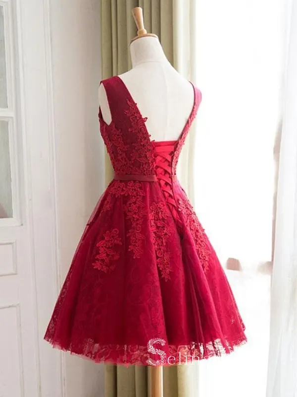 A-line Straps Red Lace Short Prom Dress Vintage Homecoming Dresses #MHL123