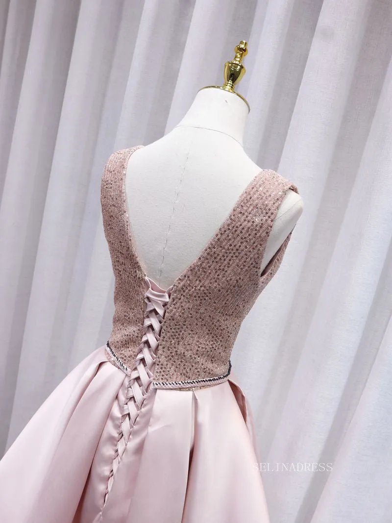 A-line V neck Pink Cute Homecoming Dress Sequins Short Prom Dresses EDS024