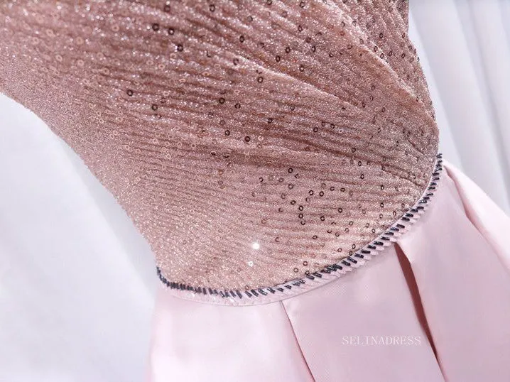 A-line V neck Pink Cute Homecoming Dress Sequins Short Prom Dresses EDS024
