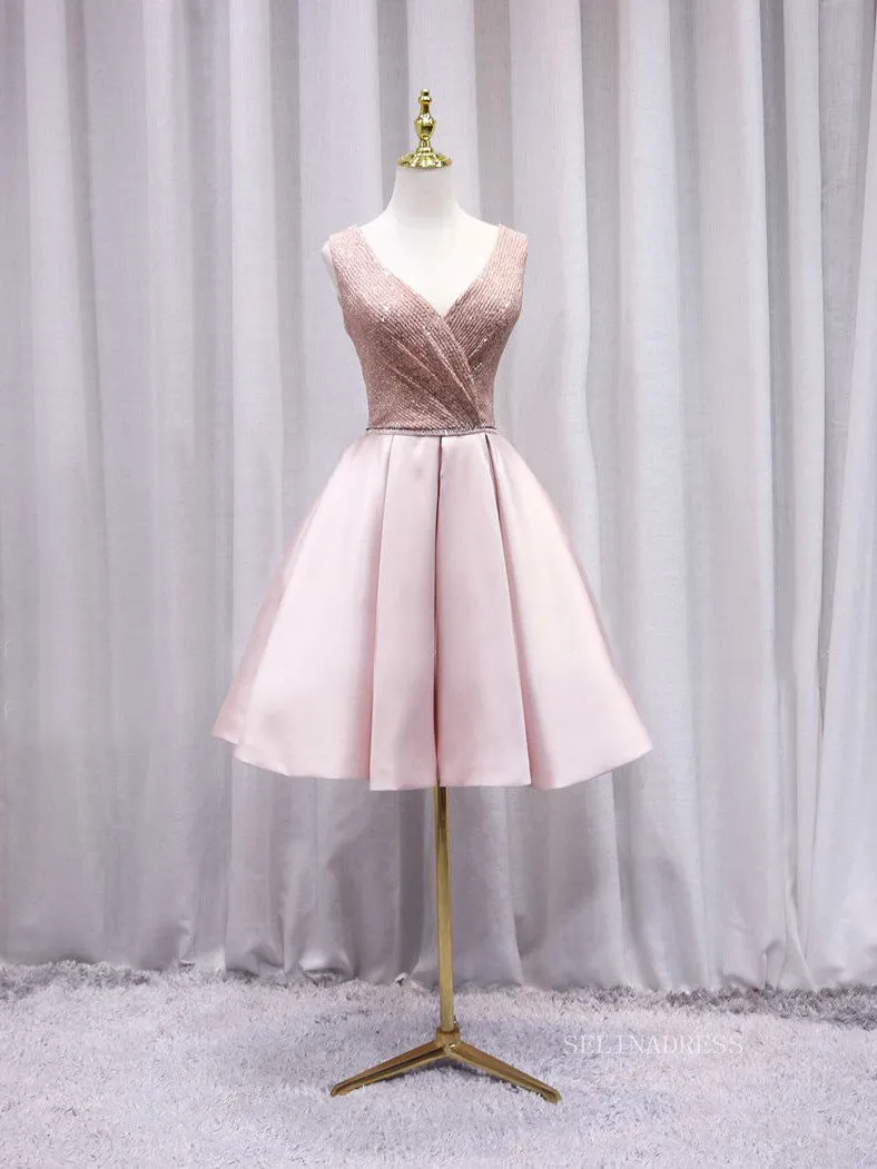 A-line V neck Pink Cute Homecoming Dress Sequins Short Prom Dresses EDS024