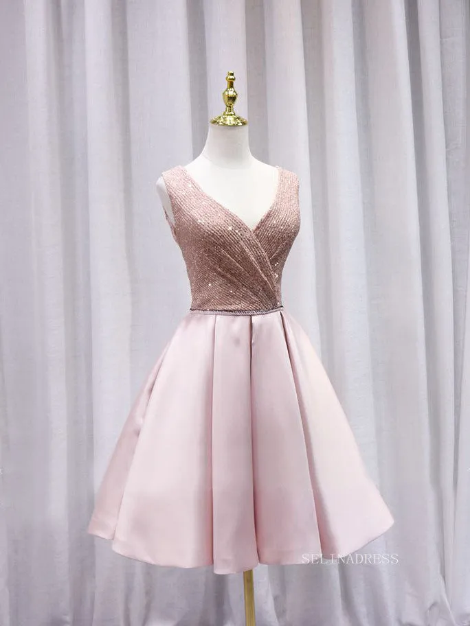 A-line V neck Pink Cute Homecoming Dress Sequins Short Prom Dresses EDS024