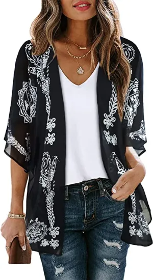Black Adeline Women's Floral Print Puff Sleeve Kimono Cardigan Loose Cover Up Casual Blouse Tops - Chicgal