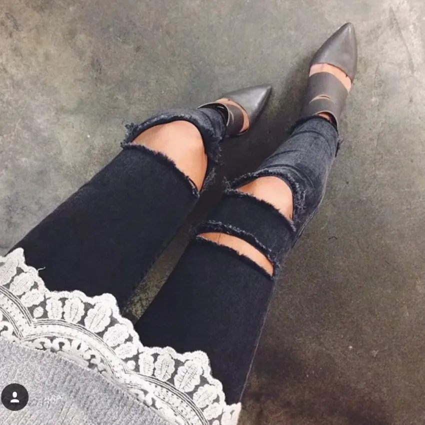 Black Cut Out Holes Rough 9/10 Length Jeans Denim Pants