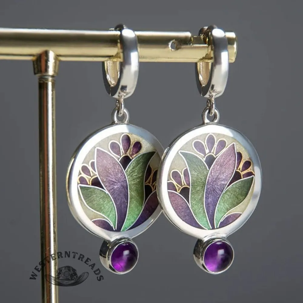 Boho Earrings with Purple Crystals in Sterling Silver