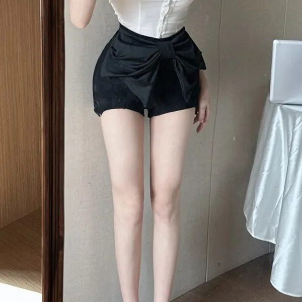 Bow-Tie Fashionable Stretchy Irregular Black Shorts