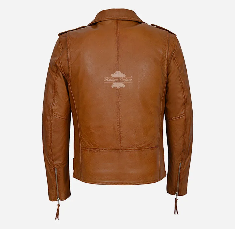 BRANDO BIKER LEATHER JACKET SLIM FIT Tan LEATHER MOTO FASHION JACKET