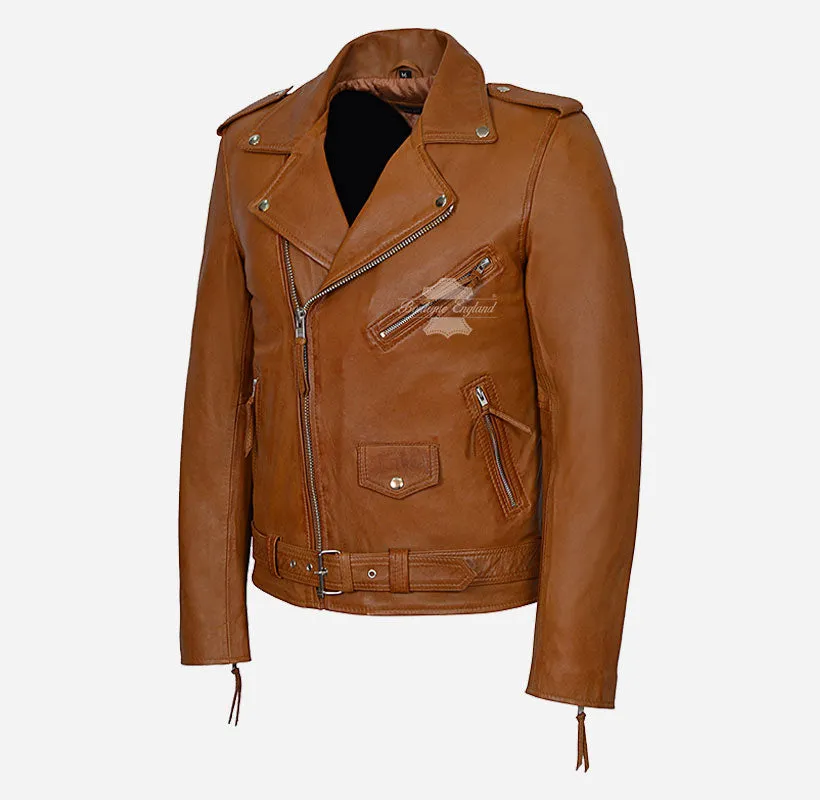 BRANDO BIKER LEATHER JACKET SLIM FIT Tan LEATHER MOTO FASHION JACKET