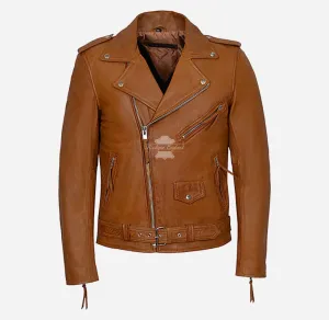 BRANDO BIKER LEATHER JACKET SLIM FIT Tan LEATHER MOTO FASHION JACKET