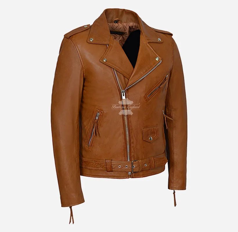 BRANDO BIKER LEATHER JACKET SLIM FIT Tan LEATHER MOTO FASHION JACKET