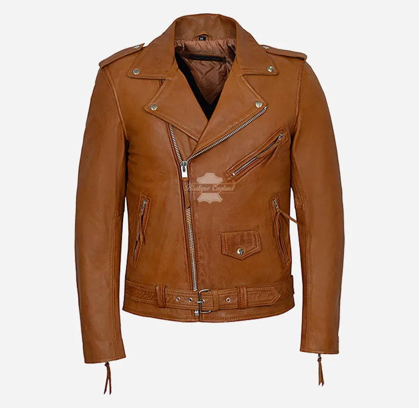 BRANDO BIKER LEATHER JACKET SLIM FIT Tan LEATHER MOTO FASHION JACKET
