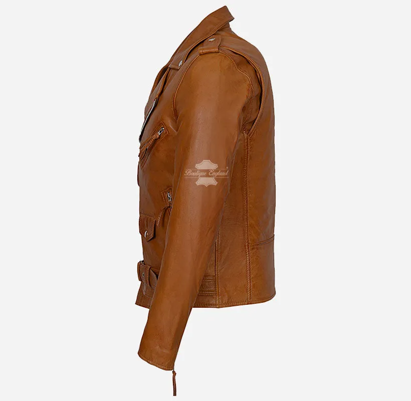 BRANDO BIKER LEATHER JACKET SLIM FIT Tan LEATHER MOTO FASHION JACKET