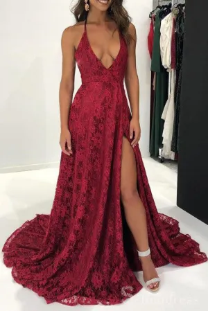 Burgundy Halter Rose Lace Long Prom Dress With Split Formal Evening Dresses #SED178