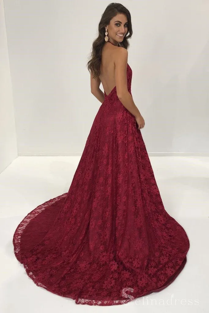 Burgundy Halter Rose Lace Long Prom Dress With Split Formal Evening Dresses #SED178
