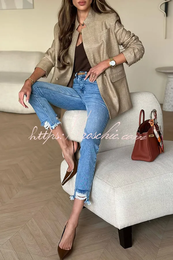 Classic Style Linen Blend Stand Collar Button Up Relaxed Blazer