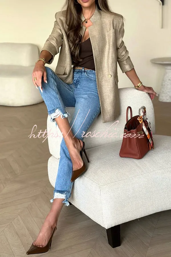 Classic Style Linen Blend Stand Collar Button Up Relaxed Blazer
