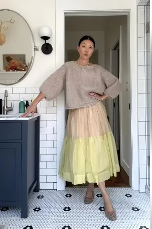 Colored Thin Skirt and Top with Voluminous Sleeves