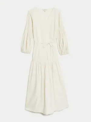 Cotton blend v-neck midi tiered dress