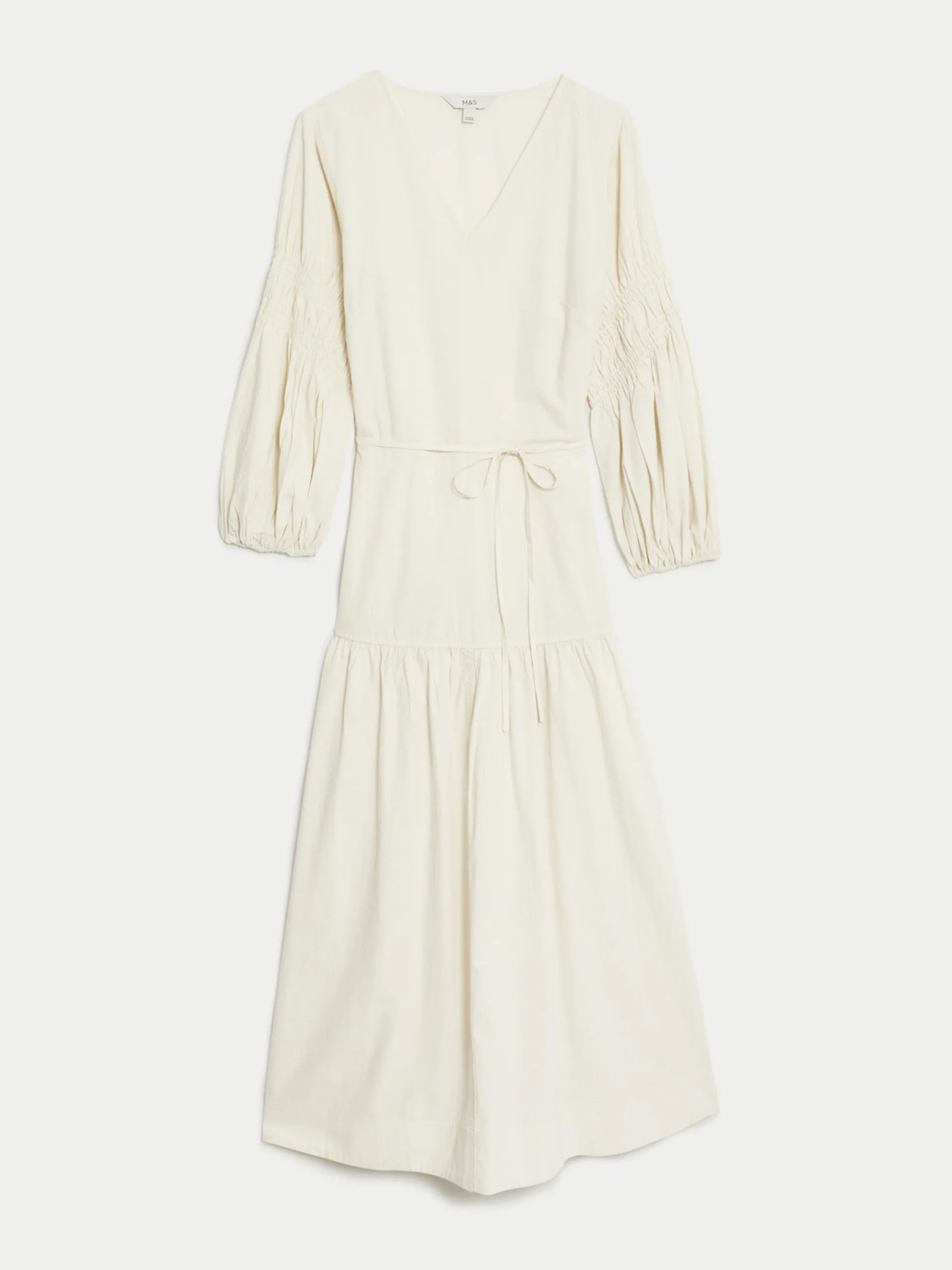 Cotton blend v-neck midi tiered dress