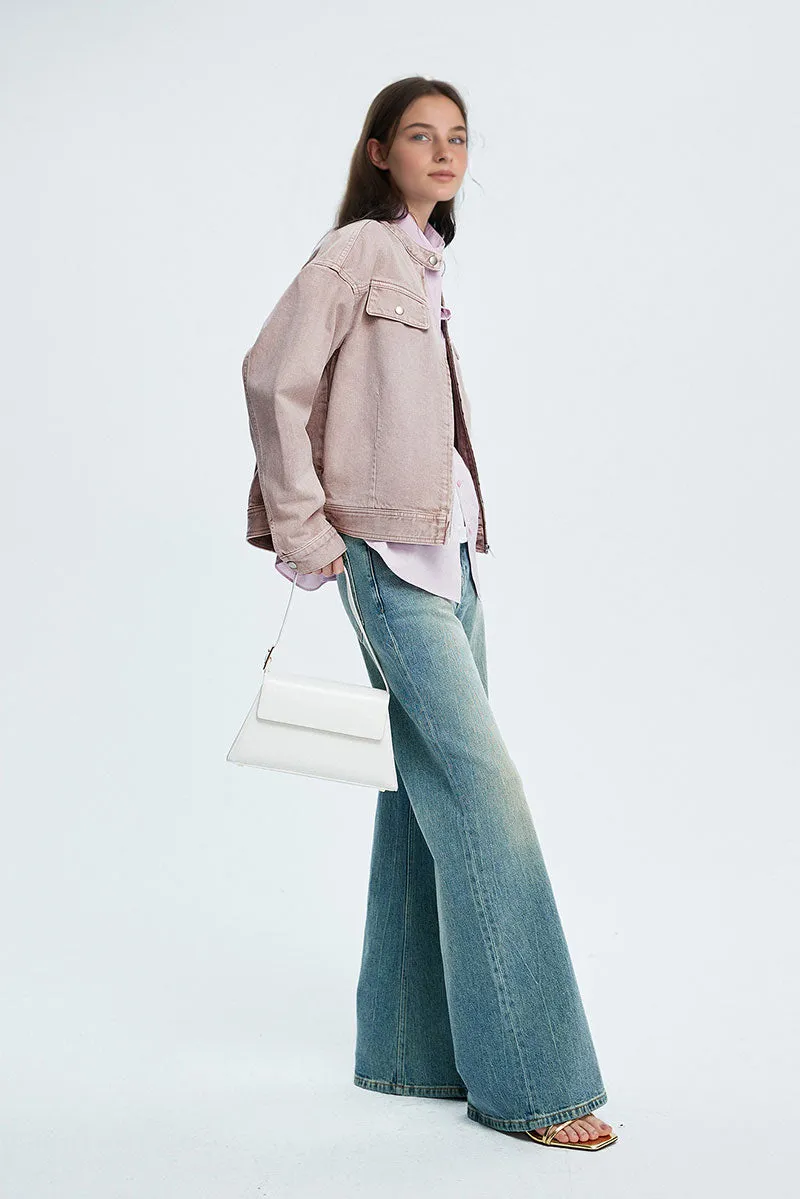 Cropped Zip-Up Denim Moto Jacket in Light Pink