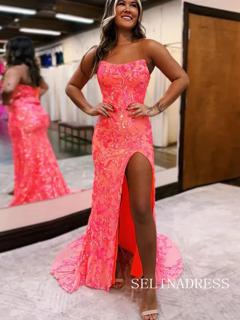 Cute Mermaid Strapless Coral Sequins Long Prom Dress with Slit lpk538