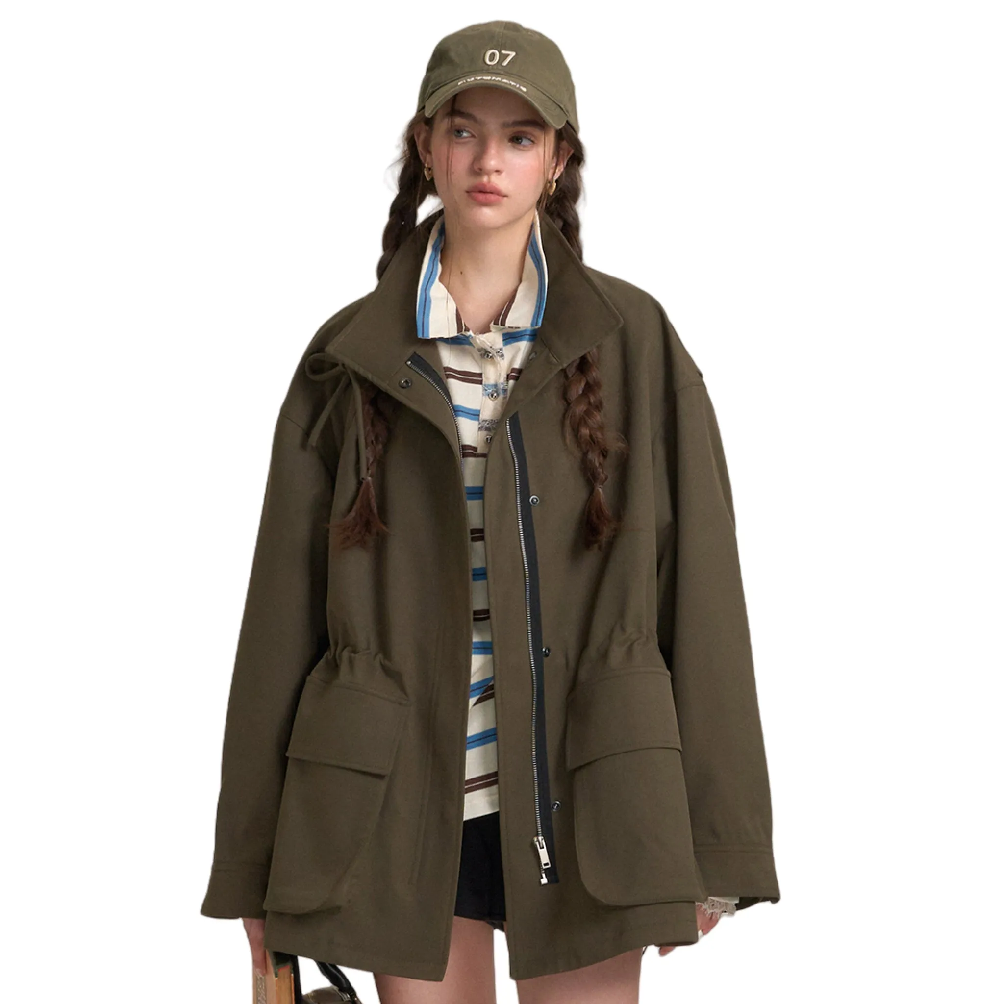 Drawstring Workwear Bow Jacket In Green
