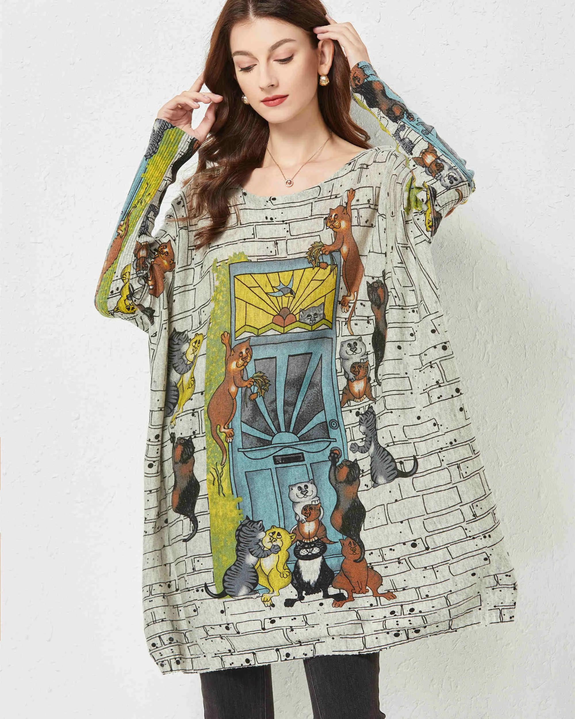 ellazhu Women Long Sleeve Cat Crewneck Pullover Oversized Sweater Sweatshirts DH42