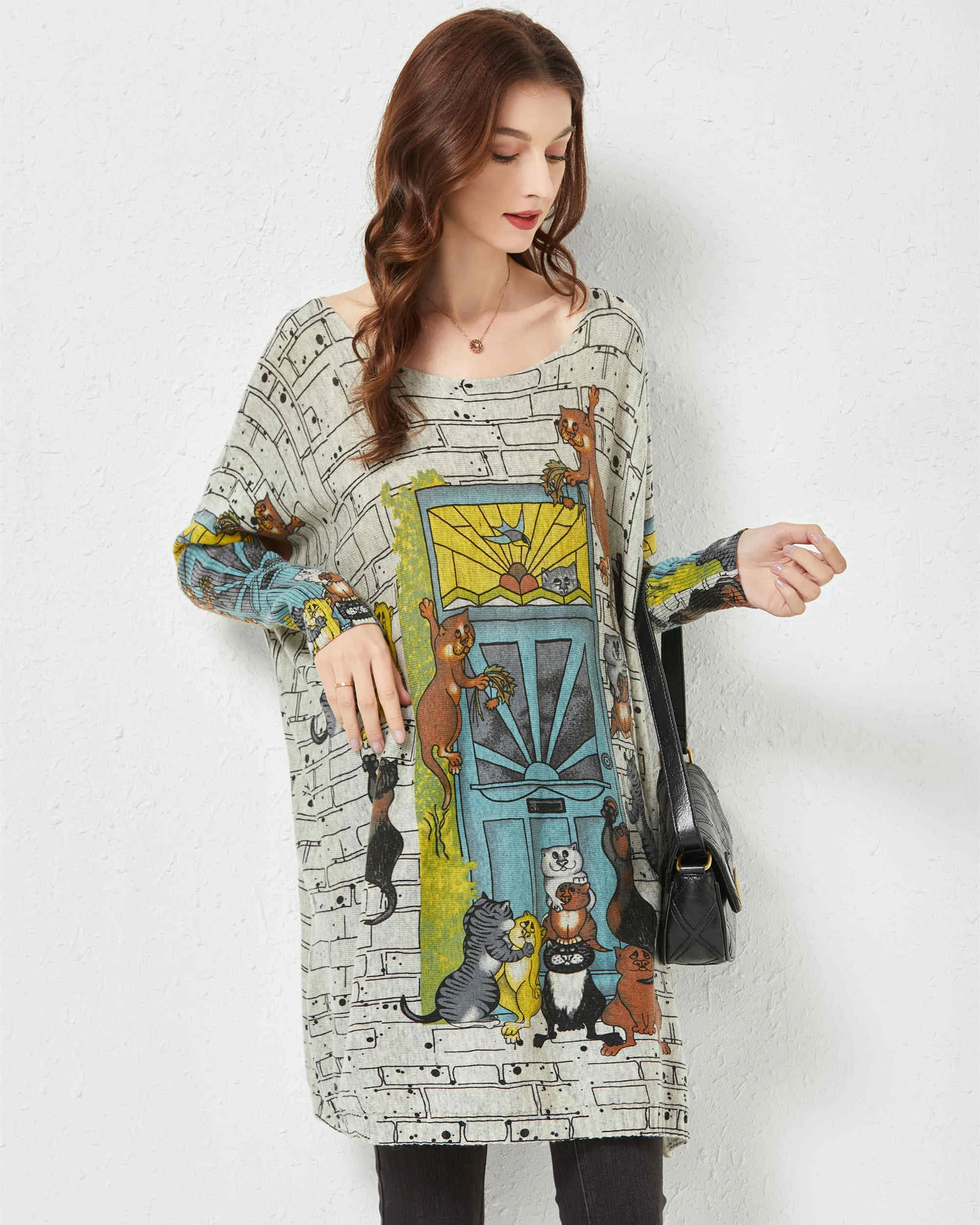 ellazhu Women Long Sleeve Cat Crewneck Pullover Oversized Sweater Sweatshirts DH42
