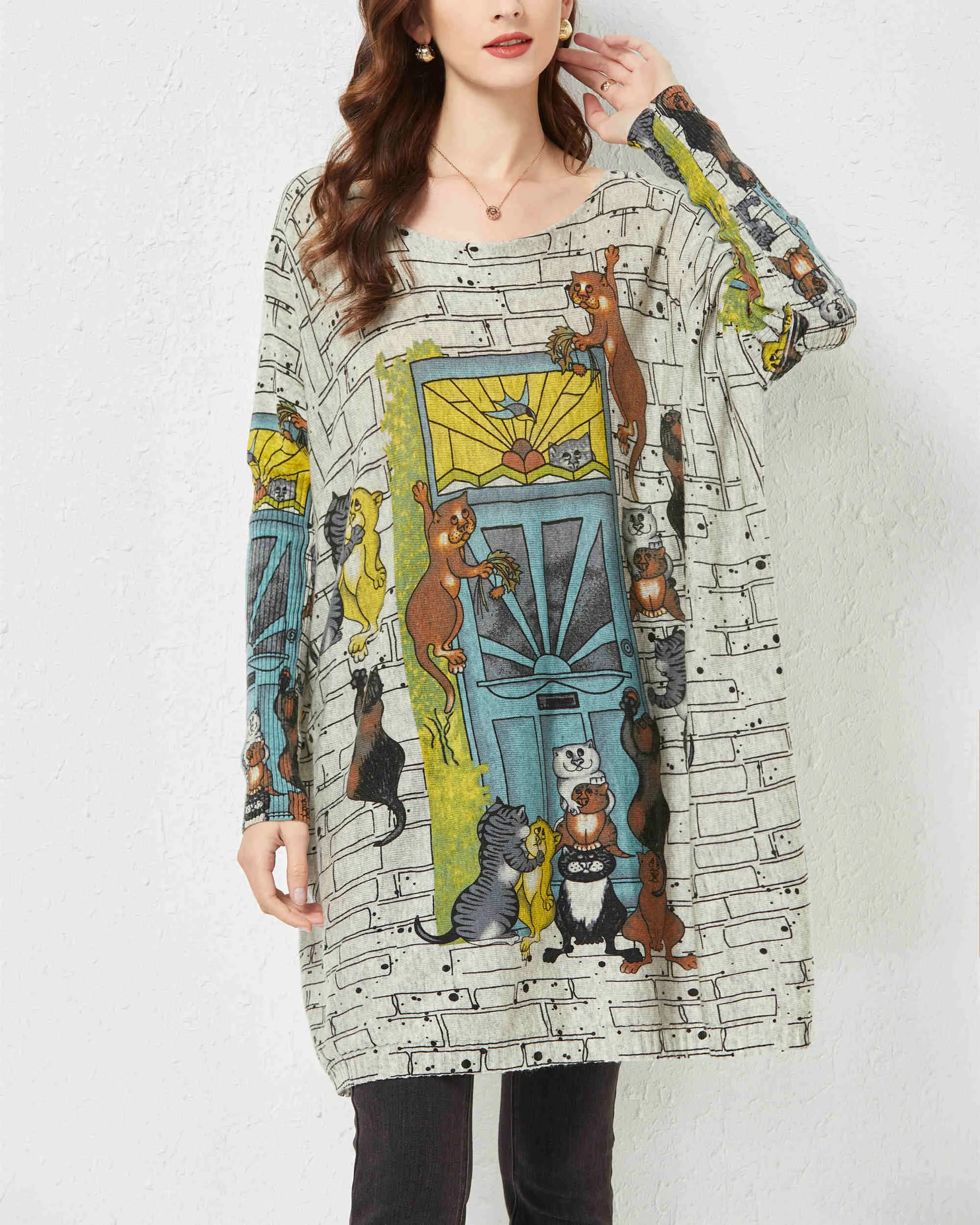 ellazhu Women Long Sleeve Cat Crewneck Pullover Oversized Sweater Sweatshirts DH42
