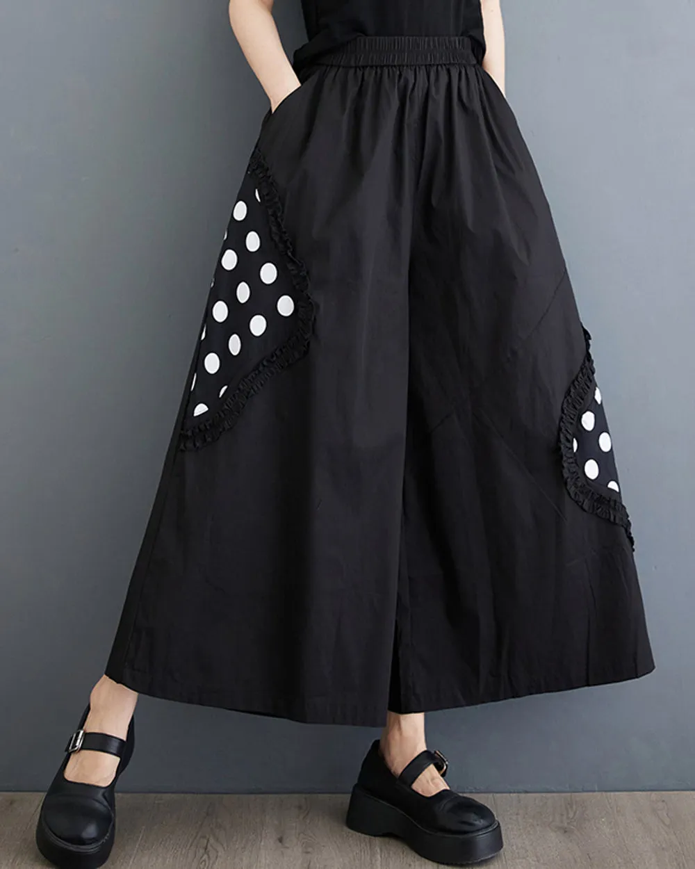 ellazhu Women's Oversized Drop Crotch Wide Leg Polka Dot Harem Pants GZ192 Black