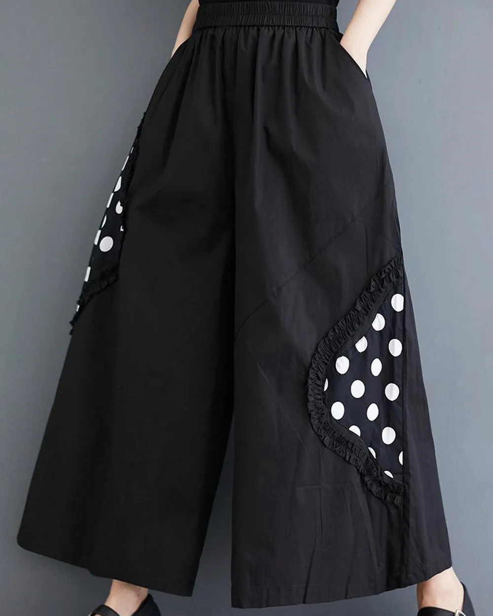 ellazhu Women's Oversized Drop Crotch Wide Leg Polka Dot Harem Pants GZ192 Black
