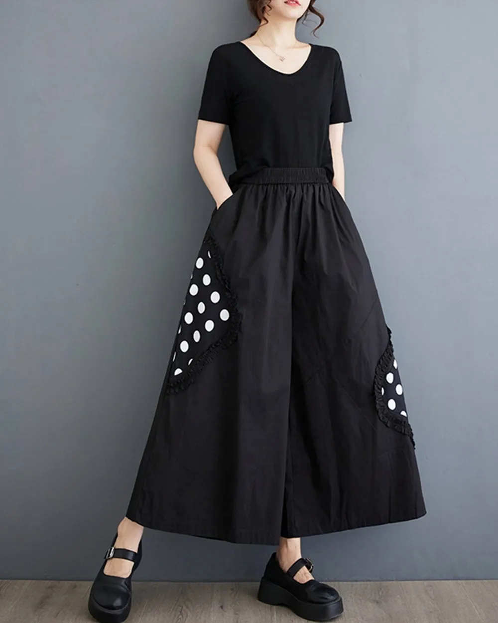 ellazhu Women's Oversized Drop Crotch Wide Leg Polka Dot Harem Pants GZ192 Black