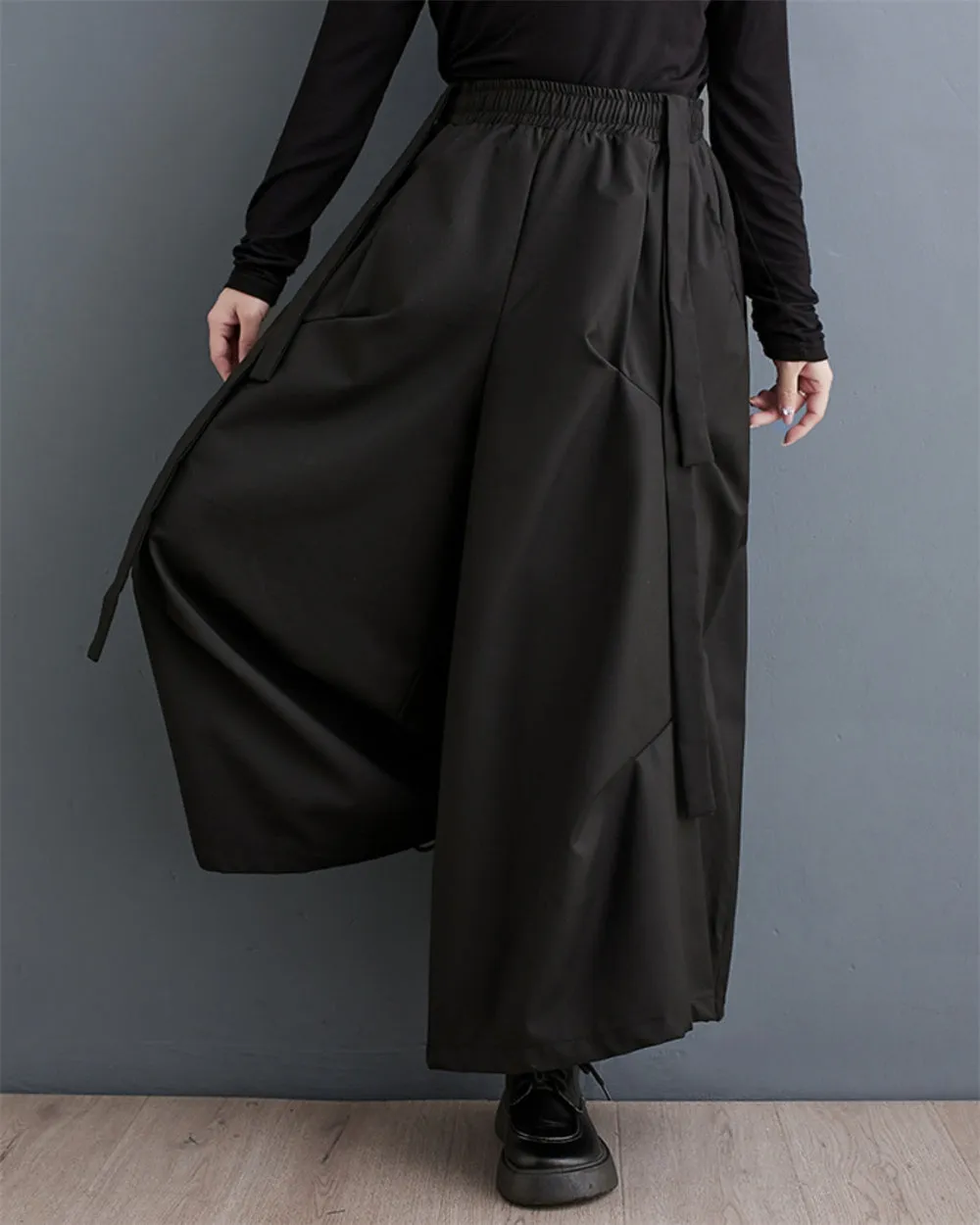ellazhu Women's Trendy Elastic Waist Wide Solid Leg Cargo Pants GZ115