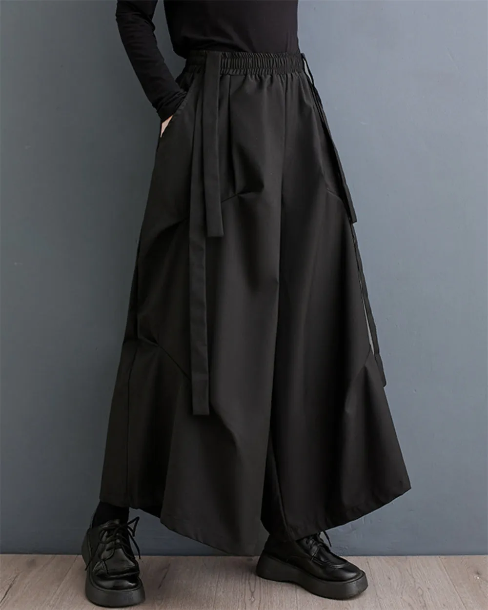 ellazhu Women's Trendy Elastic Waist Wide Solid Leg Cargo Pants GZ115