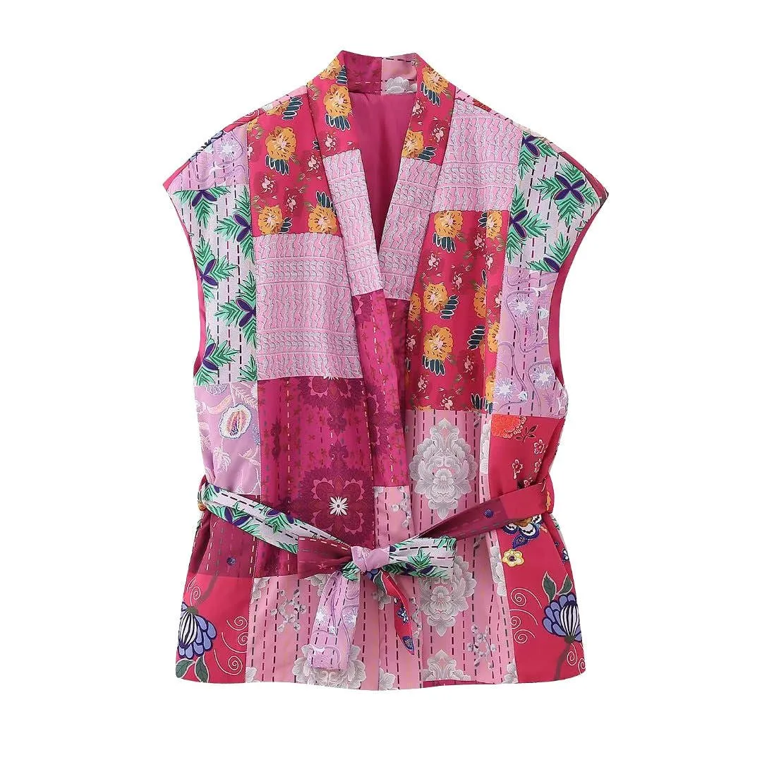 Floral Printed Panelled Lace-Up Quilted Vest