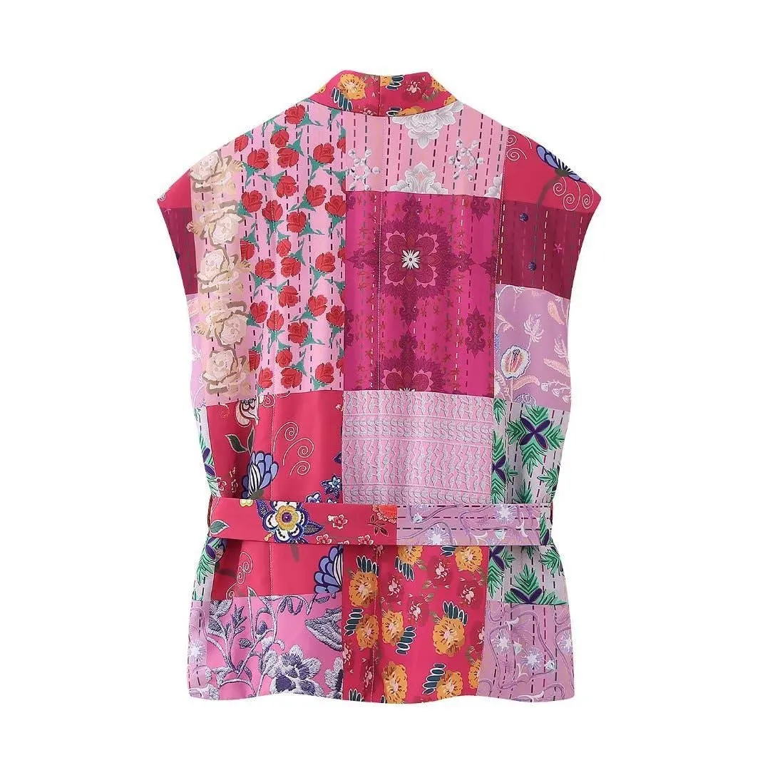 Floral Printed Panelled Lace-Up Quilted Vest