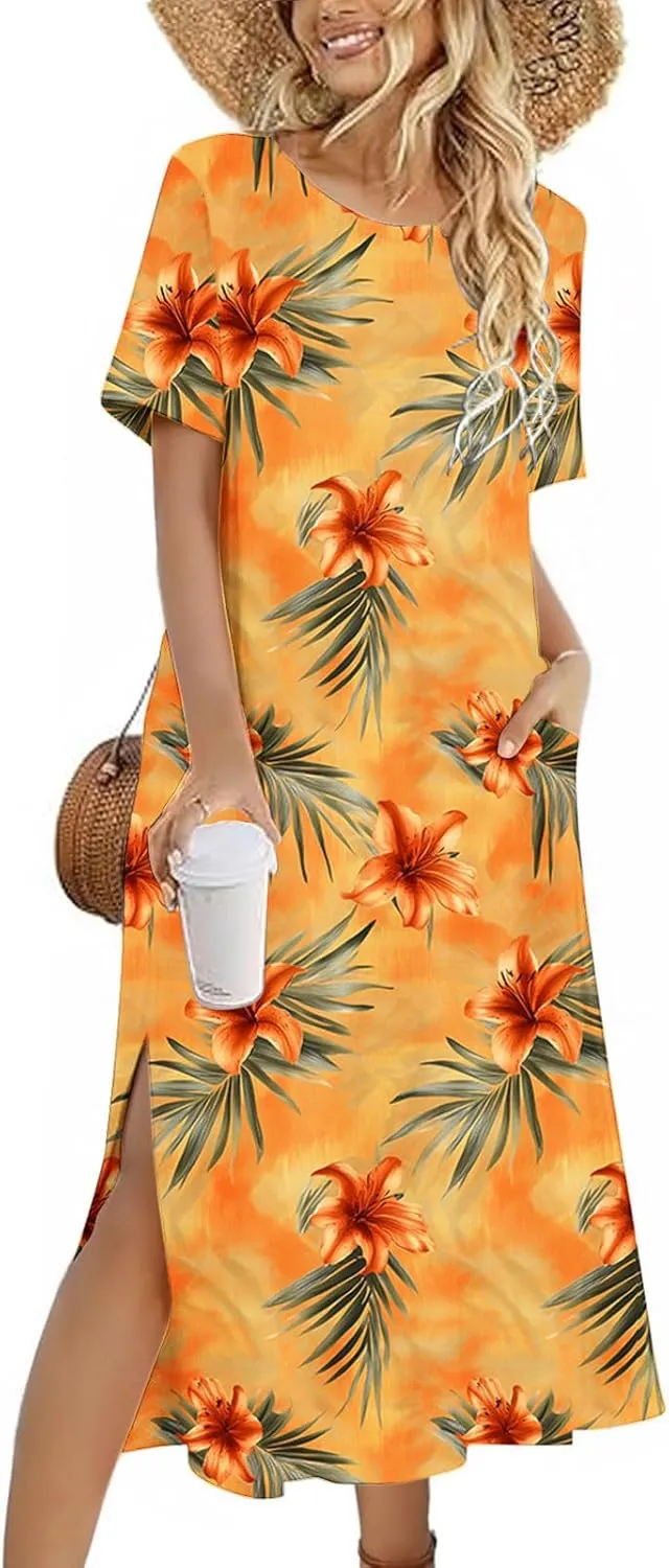 Going Out Dresses for Women 2025 Summer Casual Short Sleeve Midi Dress Floral Print Split Beach Dress with Pockets